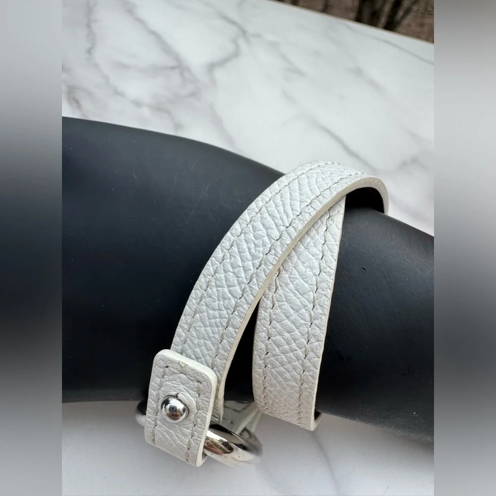 HERMES Granville Double Tour White Leather Bracelet Silver Small